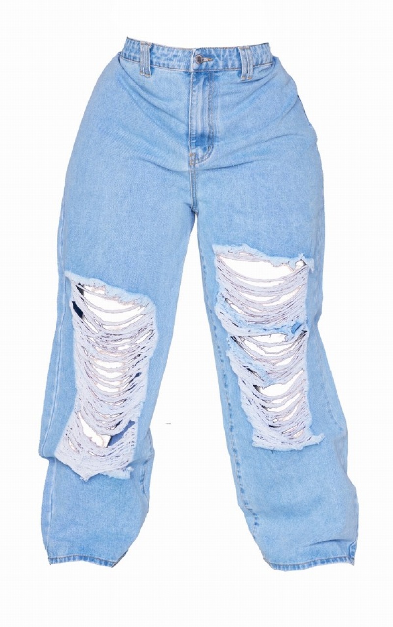 Light Blue Pretty Little Thing Plus Distressed Wide Leg Jeans | WMAXCBD-65