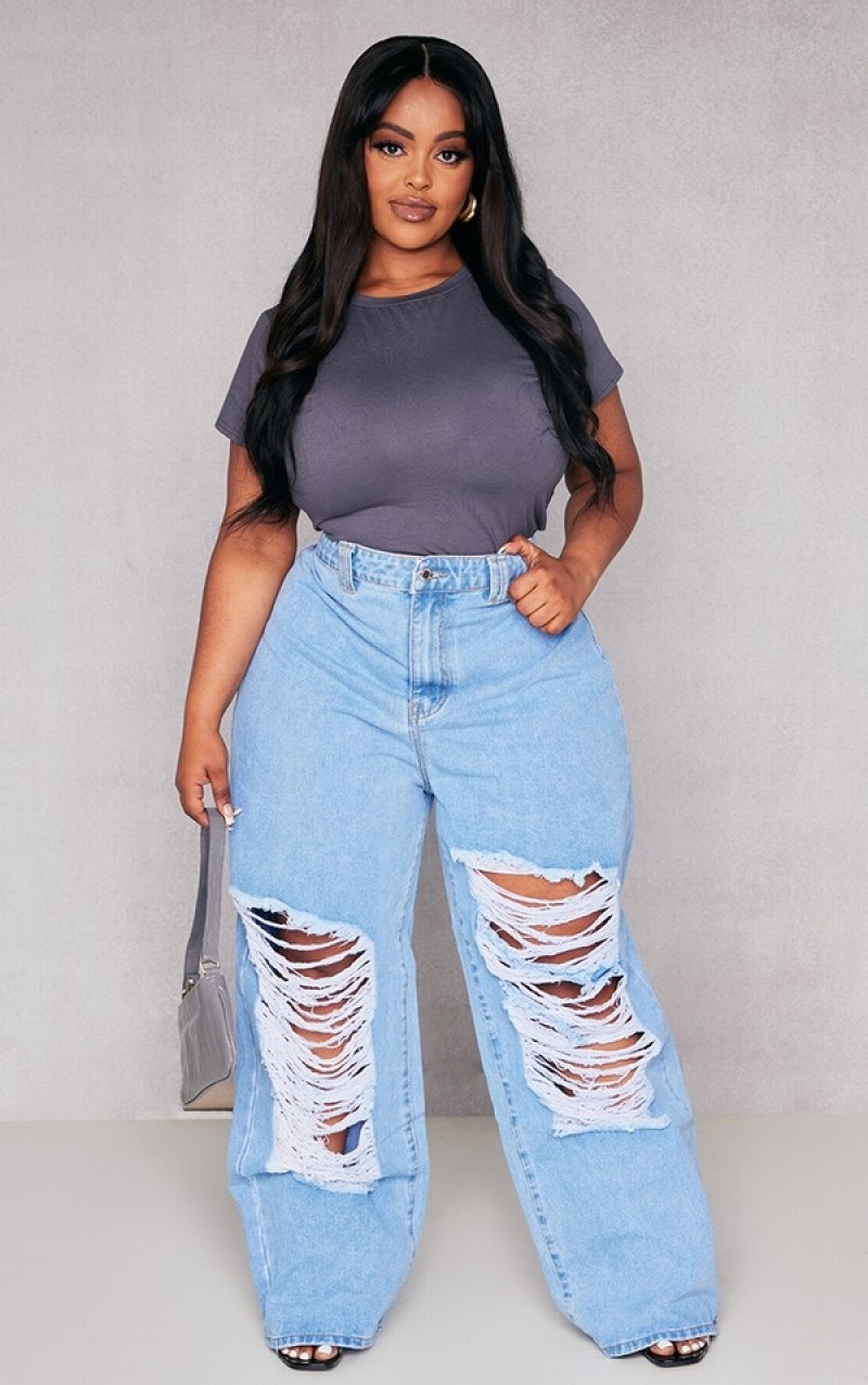 Light Blue Pretty Little Thing Plus Distressed Wide Leg Jeans | WMAXCBD-65