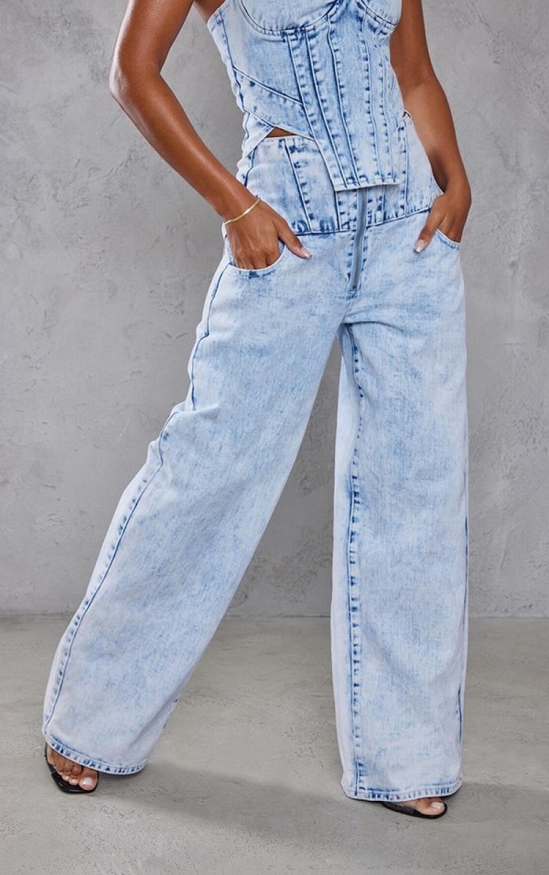 Light Blue / Wash Pretty Little Thing Acid Wash Seam Detail Corset Waist Jeans | LTBKJGE-46