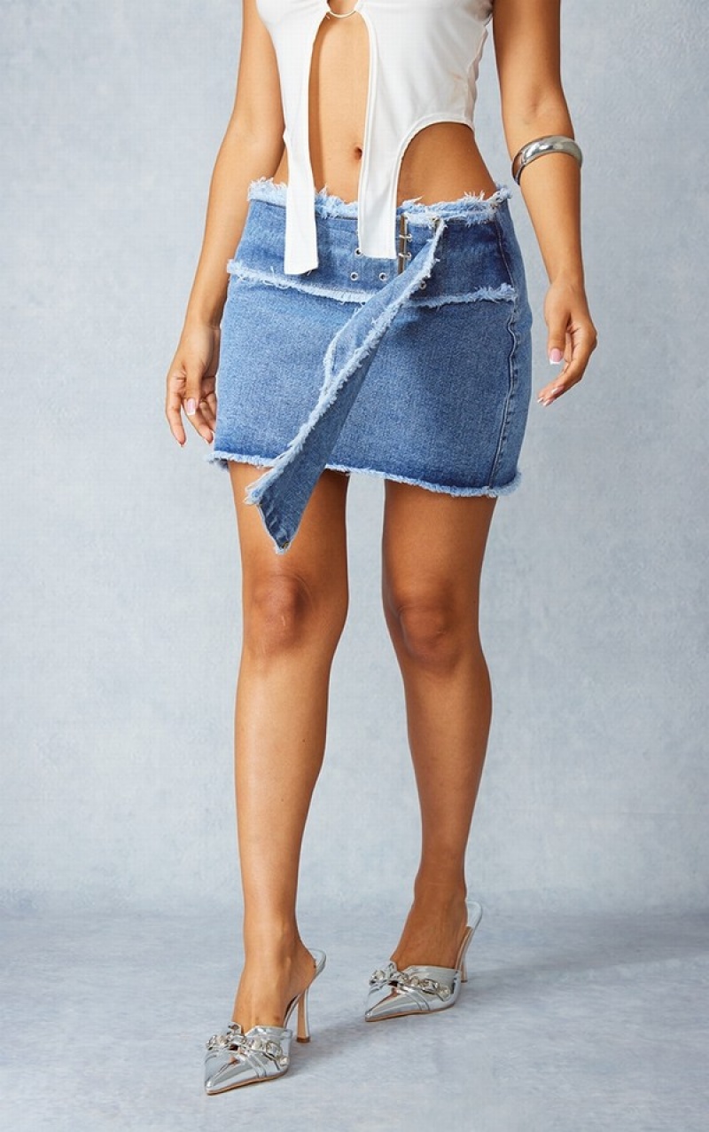 Light Blue / Wash Pretty Little Thing Petite Wash Frayed Detail Skirts | CYDEFVU-30