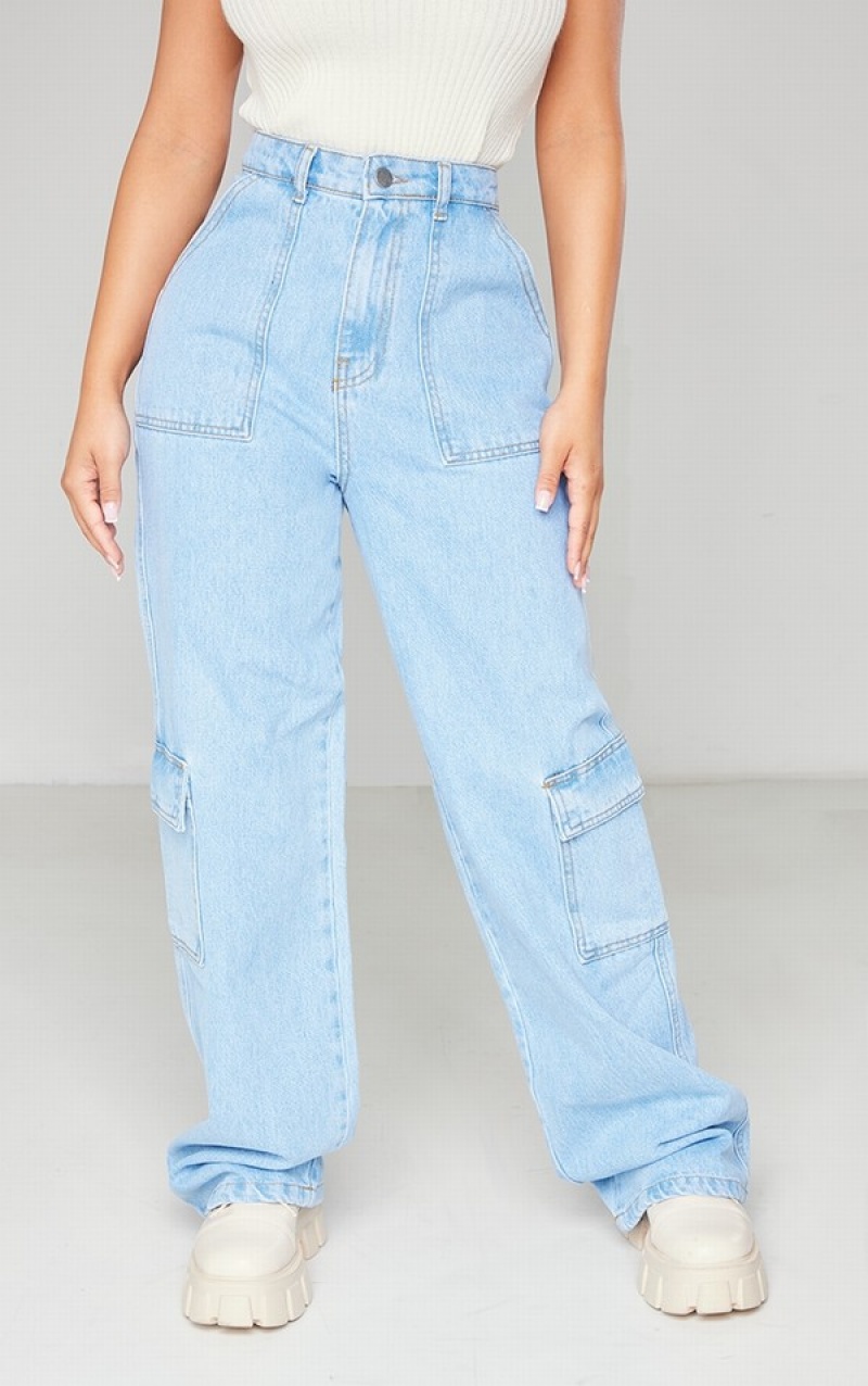 Light Blue / Wash Pretty Little Thing Petite Wash Cargo Pocket gy Wide Leg Jeans | ETJGQKA-70