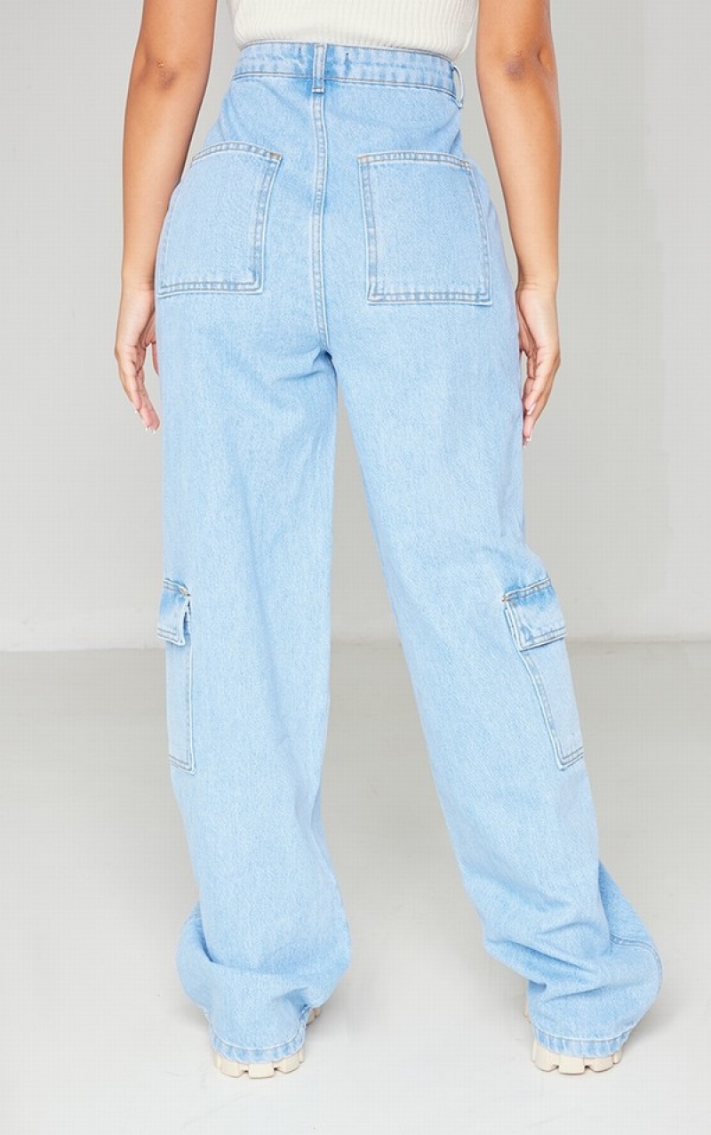 Light Blue / Wash Pretty Little Thing Petite Wash Cargo Pocket gy Wide Leg Jeans | ETJGQKA-70