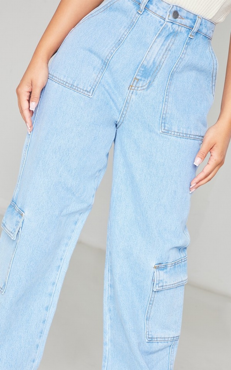 Light Blue / Wash Pretty Little Thing Petite Wash Cargo Pocket gy Wide Leg Jeans | ETJGQKA-70