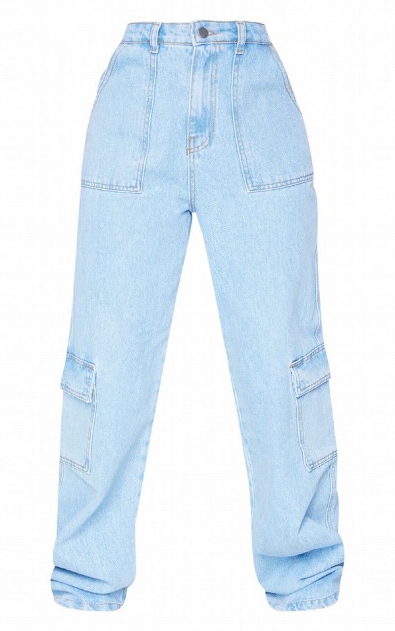 Light Blue / Wash Pretty Little Thing Petite Wash Cargo Pocket gy Wide Leg Jeans | ETJGQKA-70