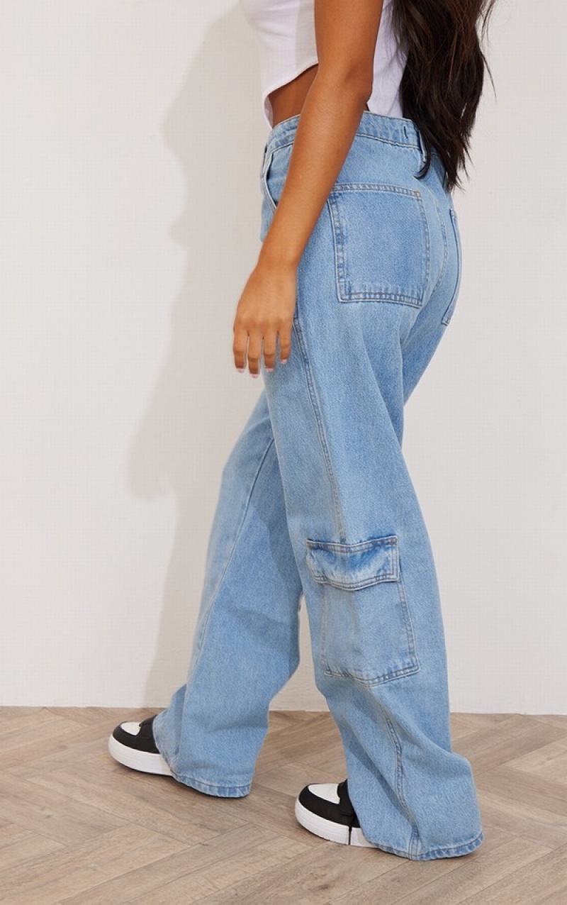 Light Blue / Wash Pretty Little Thing Petite Wash Pocket gy Wide Leg Jean Jeans | DJSYNCB-89