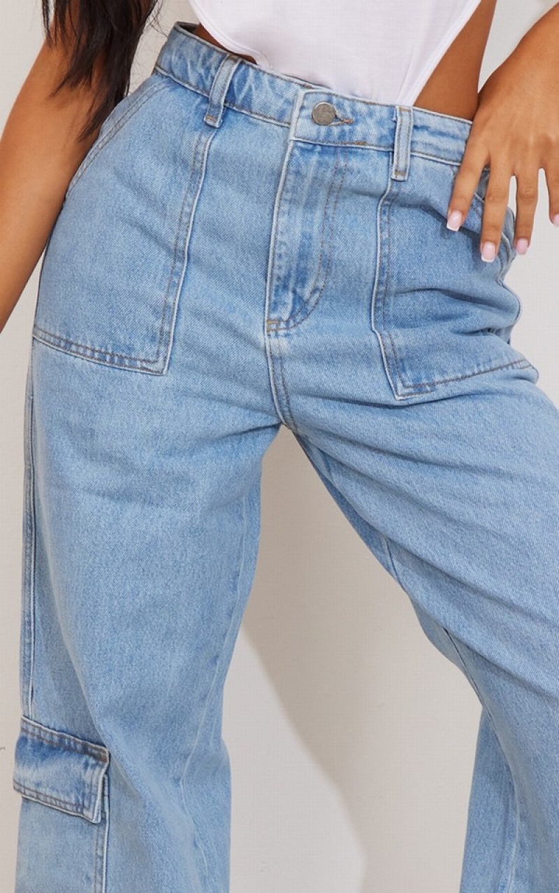 Light Blue / Wash Pretty Little Thing Petite Wash Pocket gy Wide Leg Jean Jeans | DJSYNCB-89