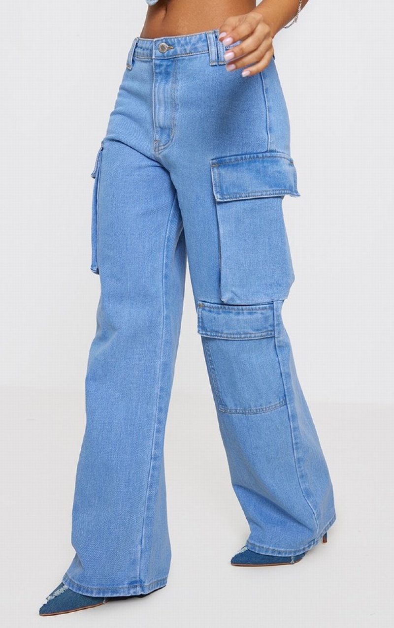 Light Blue / Wash Pretty Little Thing Petite Wash Cargo Jeans | EMRKXAP-21