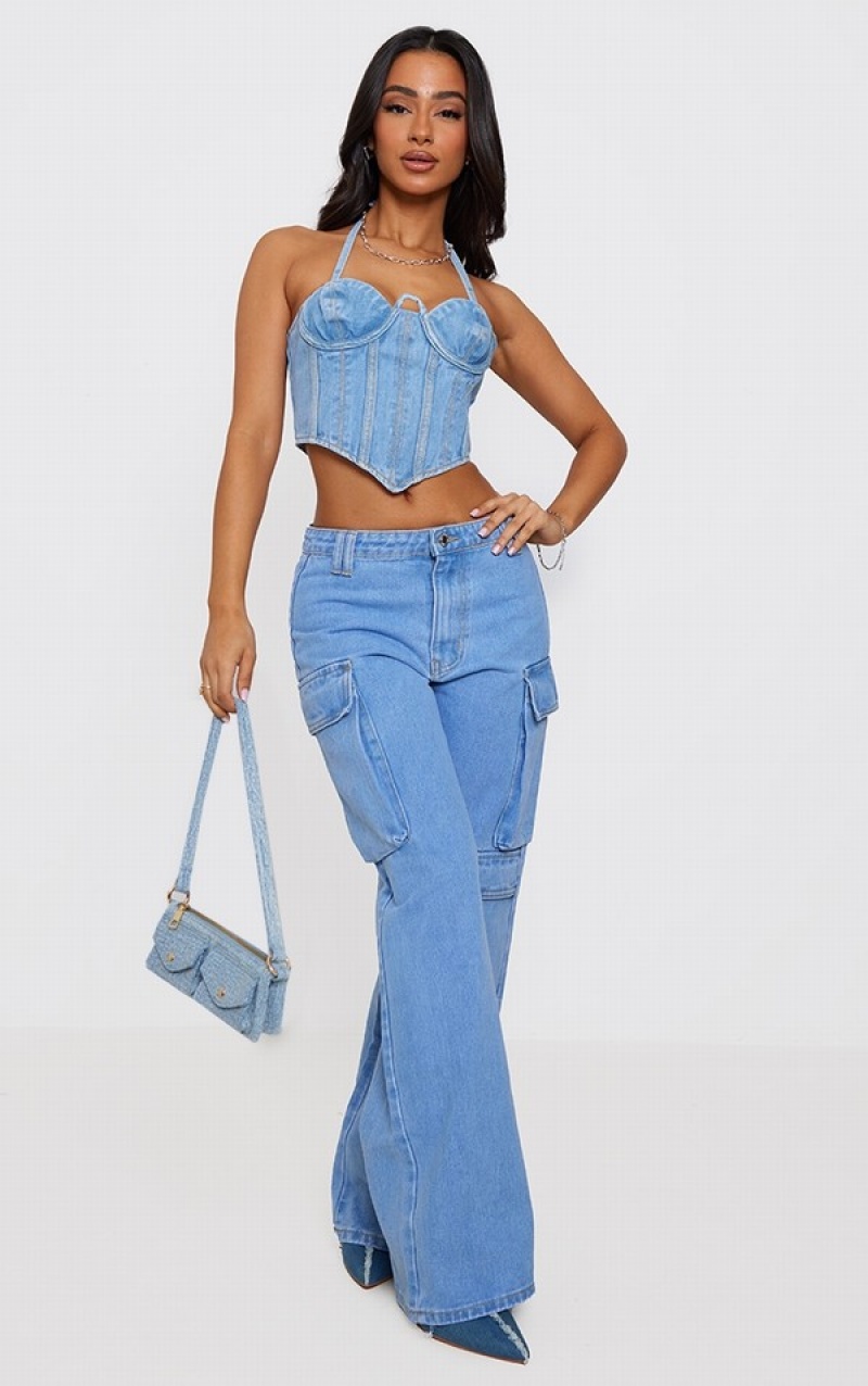 Light Blue / Wash Pretty Little Thing Petite Wash Cargo Jeans | EMRKXAP-21