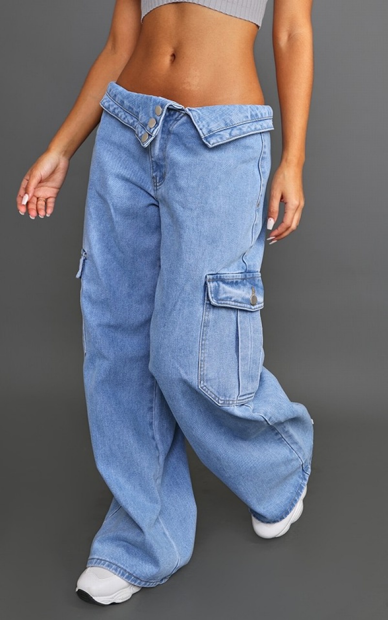 Light Blue / Wash Pretty Little Thing Petite Wash Asymmetric Foldover Waistband Low Rise Straight Leg Jeans | AZLWOFP-49