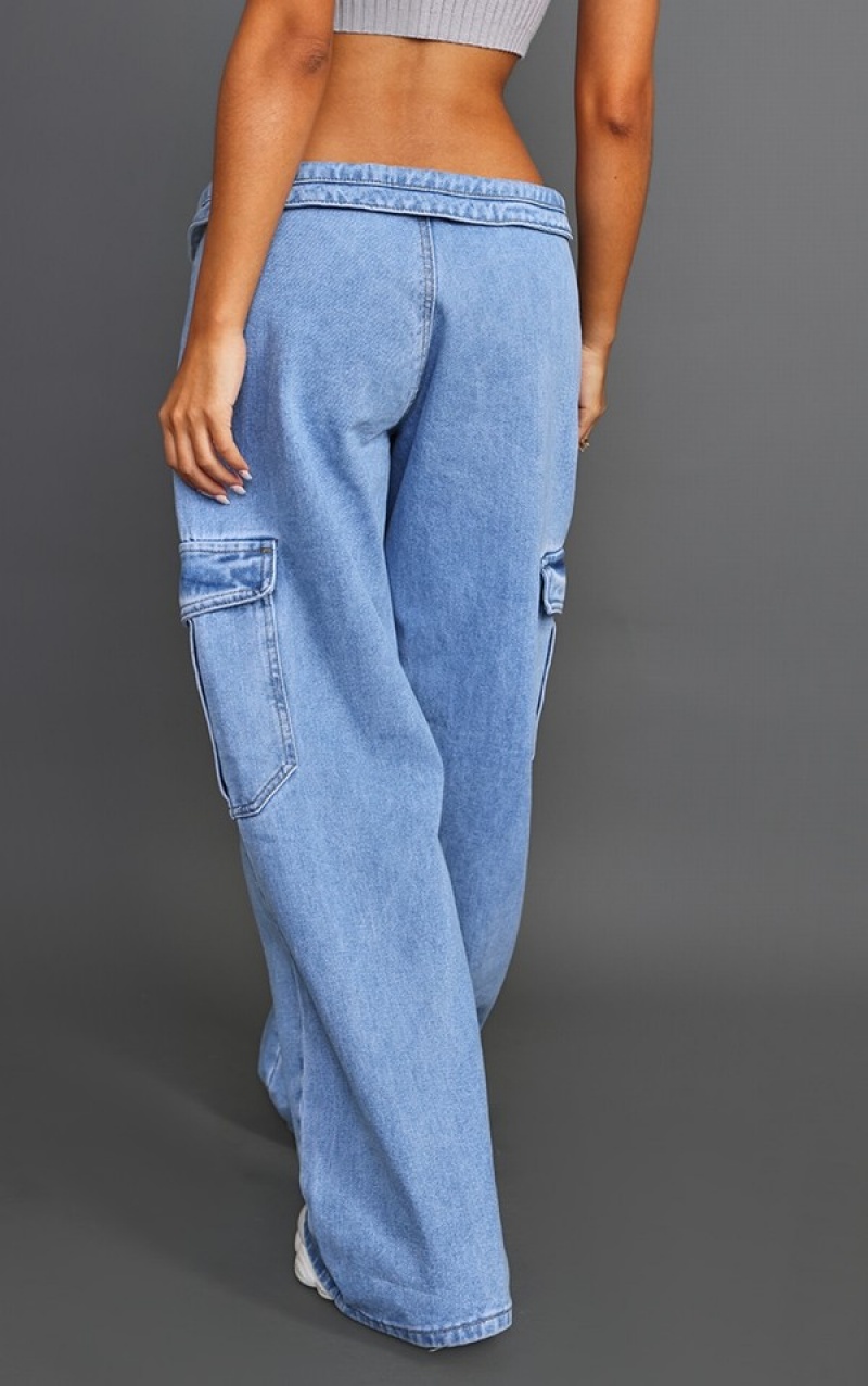 Light Blue / Wash Pretty Little Thing Petite Wash Asymmetric Foldover Waistband Low Rise Straight Leg Jeans | AZLWOFP-49