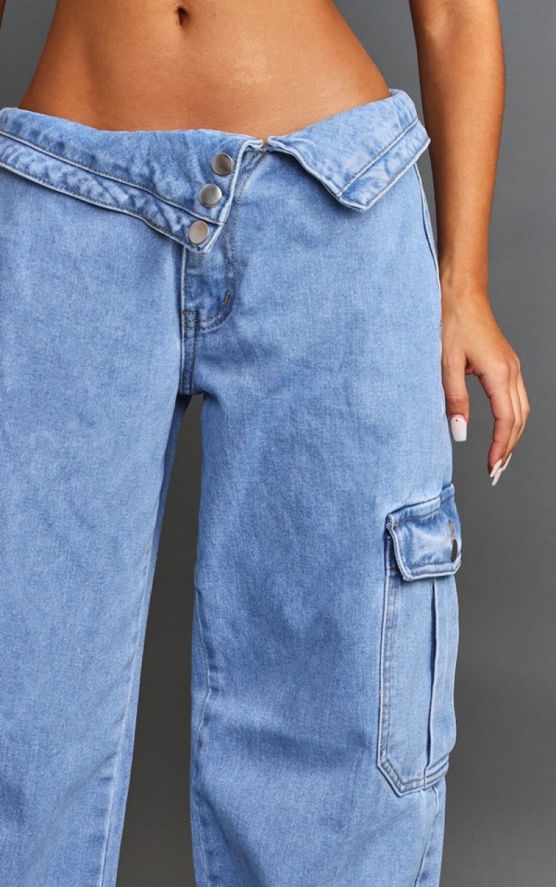 Light Blue / Wash Pretty Little Thing Petite Wash Asymmetric Foldover Waistband Low Rise Straight Leg Jeans | AZLWOFP-49