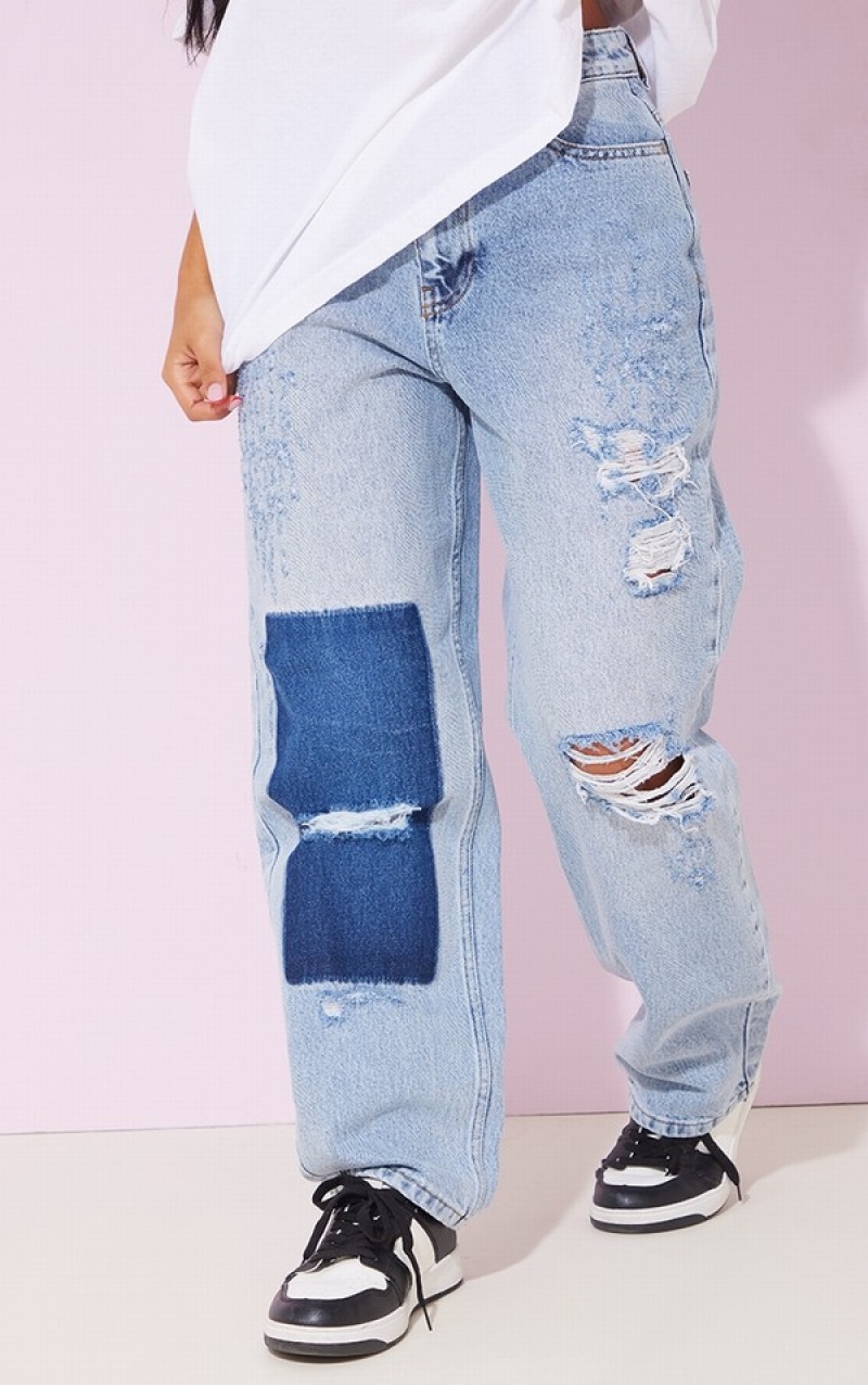 Light Blue / Wash Pretty Little Thing Petite Wash Wide Leg Distressed Boyfriend Jeans | CZUYEDX-40