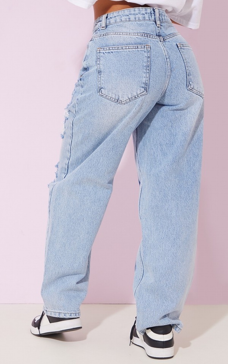 Light Blue / Wash Pretty Little Thing Petite Wash Wide Leg Distressed Boyfriend Jeans | CZUYEDX-40