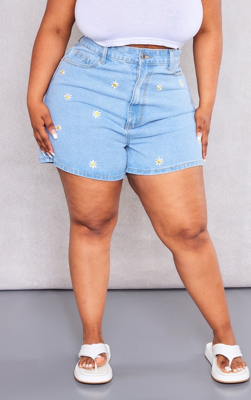 Light Blue / Wash Pretty Little Thing Plus Wash Embroidered Shorts | URBVXSO-41