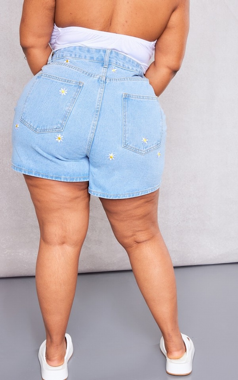 Light Blue / Wash Pretty Little Thing Plus Wash Embroidered Shorts | URBVXSO-41