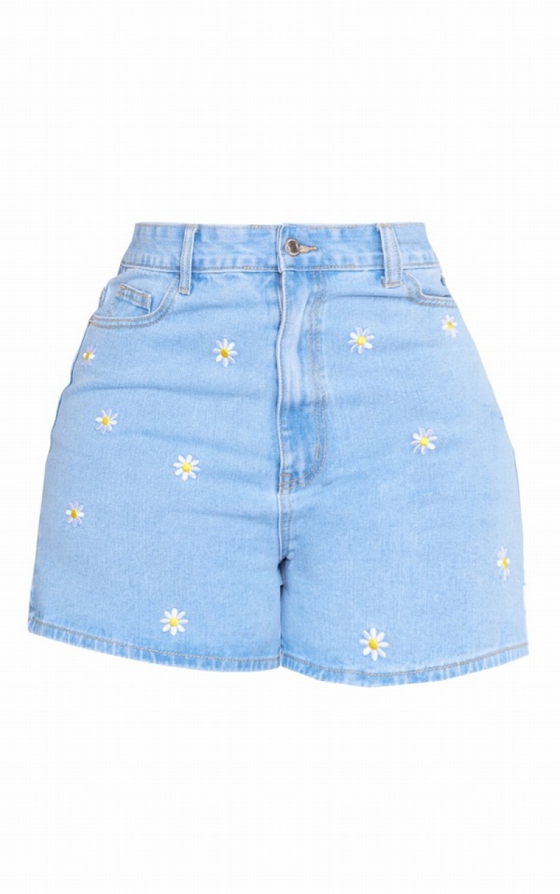 Light Blue / Wash Pretty Little Thing Plus Wash Embroidered Shorts | URBVXSO-41