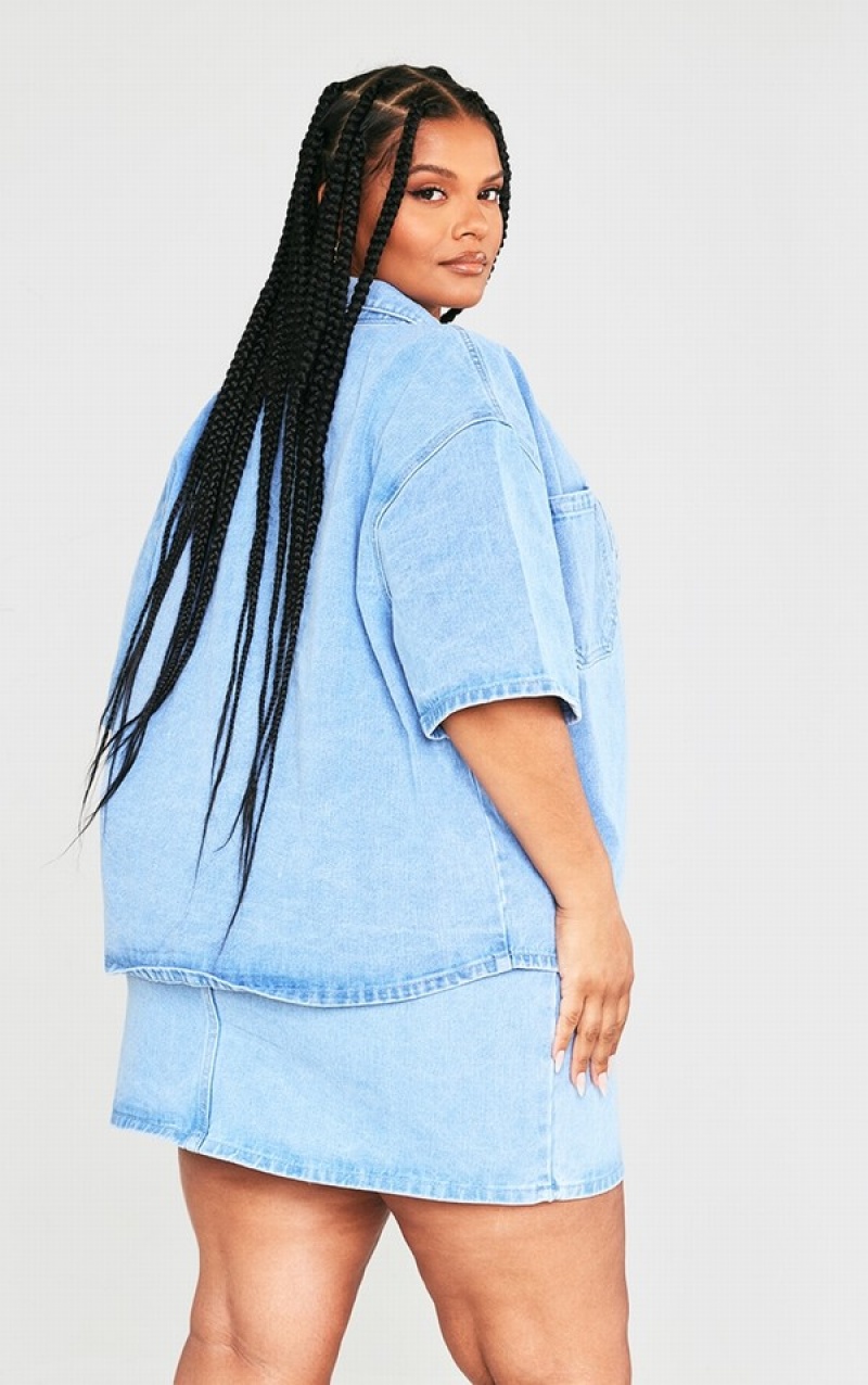 Light Blue / Wash Pretty Little Thing Plus Wash Oversized Shirts | COYDTHZ-31