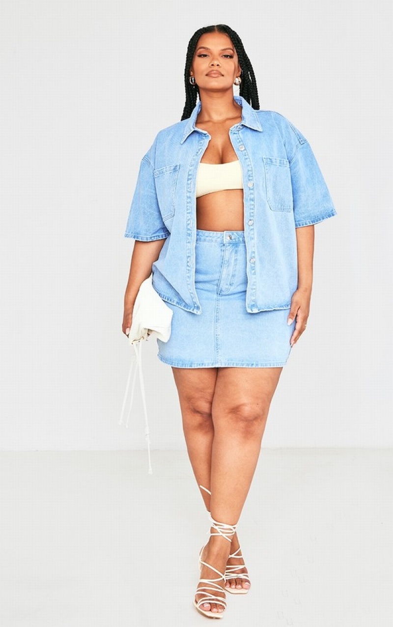 Light Blue / Wash Pretty Little Thing Plus Wash Oversized Shirts | COYDTHZ-31