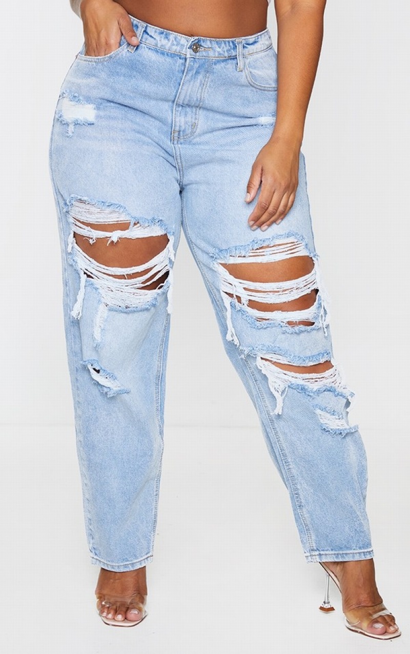 Light Blue / Wash Pretty Little Thing Plus Wash Ripped Mom Jeans | GRQZVEU-46