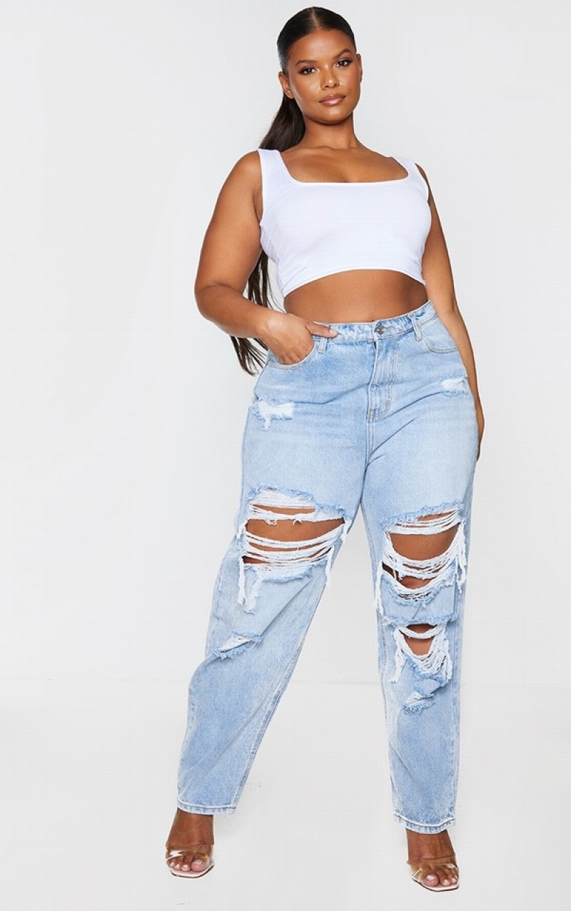 Light Blue / Wash Pretty Little Thing Plus Wash Ripped Mom Jeans | GRQZVEU-46