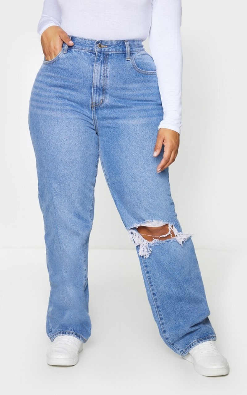 Light Blue / Wash Pretty Little Thing Plus Wash Open Knee Long Leg Straight Leg Jeans | JSNQTAM-83