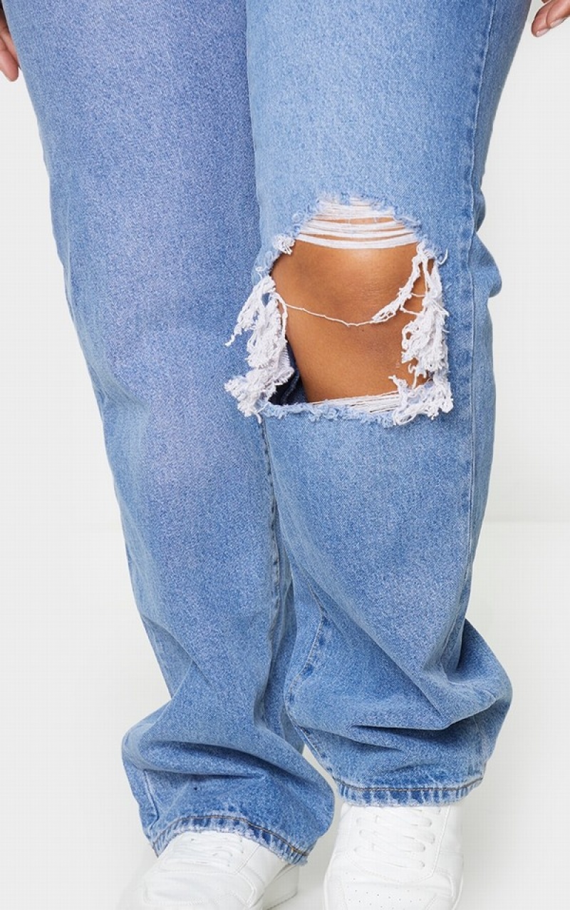 Light Blue / Wash Pretty Little Thing Plus Wash Open Knee Long Leg Straight Leg Jeans | JSNQTAM-83