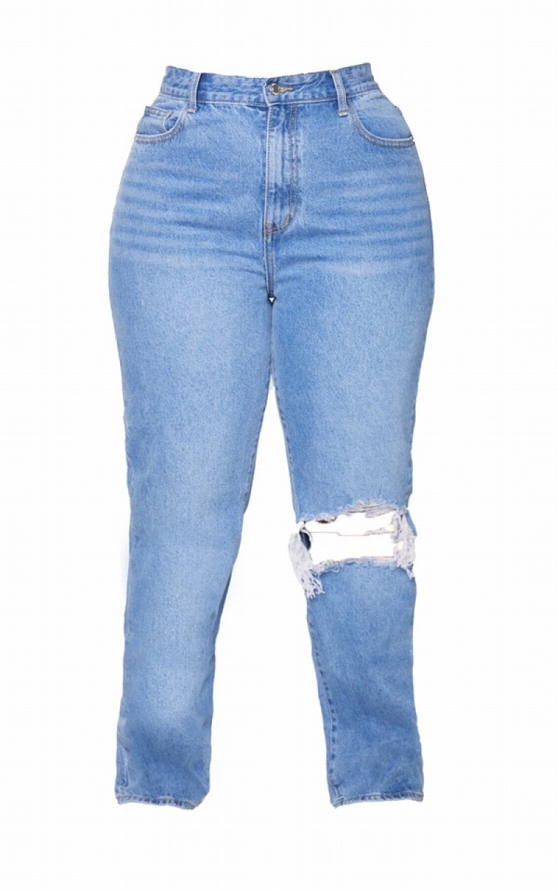 Light Blue / Wash Pretty Little Thing Plus Wash Open Knee Long Leg Straight Leg Jeans | JSNQTAM-83