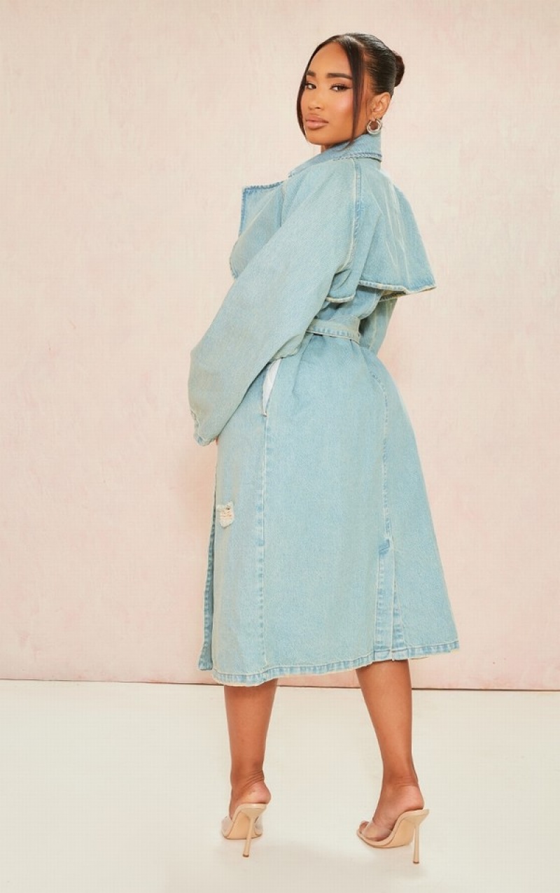 Light Blue / Wash Pretty Little Thing Shape Acid Wash Distressed ed Trench Coats | HQAFELX-68