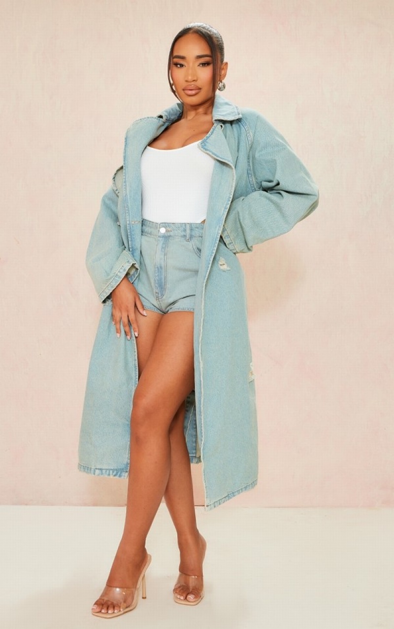 Light Blue / Wash Pretty Little Thing Shape Acid Wash Distressed ed Trench Coats | HQAFELX-68