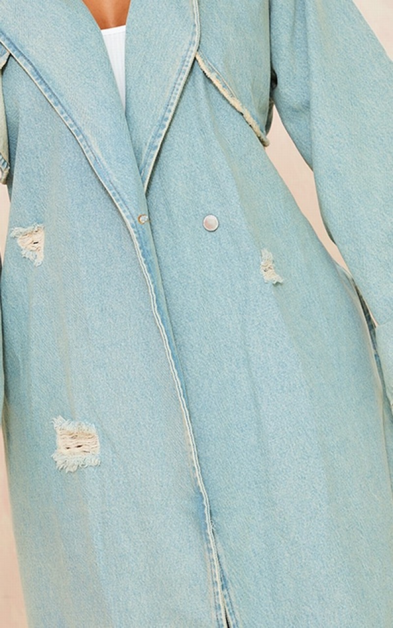 Light Blue / Wash Pretty Little Thing Shape Acid Wash Distressed ed Trench Coats | HQAFELX-68