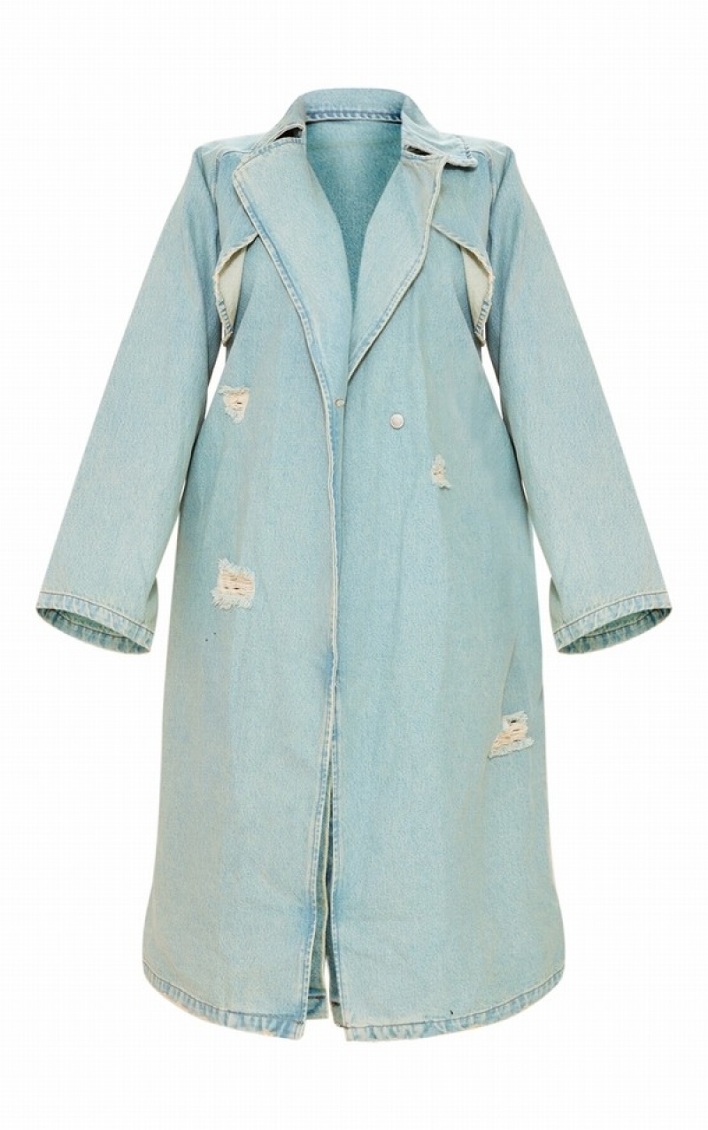 Light Blue / Wash Pretty Little Thing Shape Acid Wash Distressed ed Trench Coats | HQAFELX-68