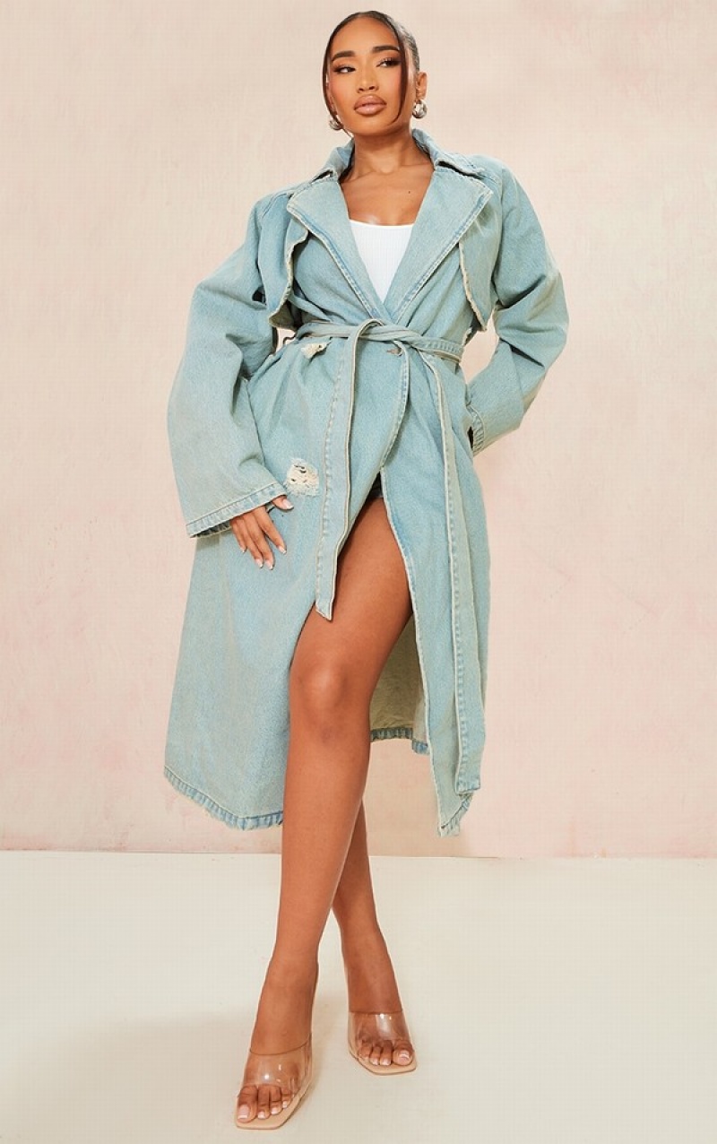 Light Blue / Wash Pretty Little Thing Shape Acid Wash Distressed ed Trench Coats | HQAFELX-68