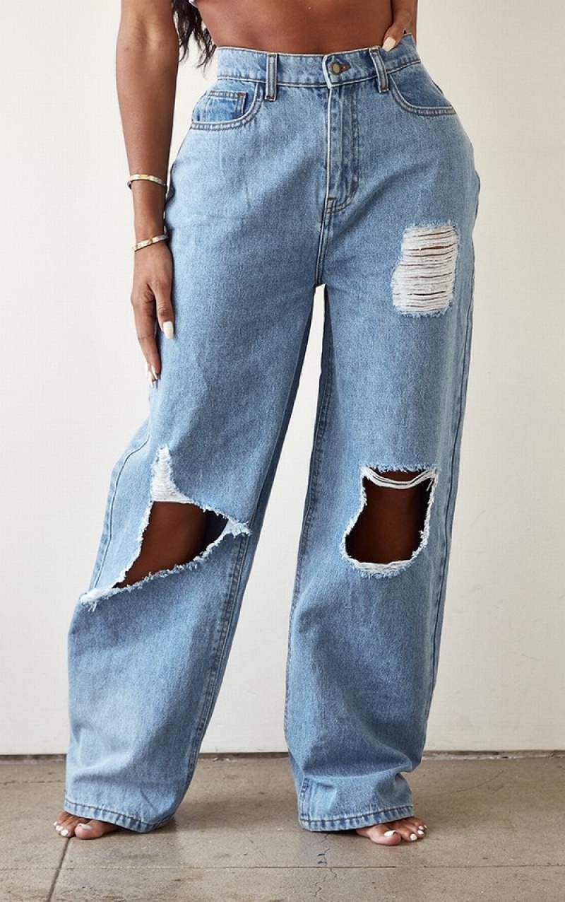 Light Blue / Wash Pretty Little Thing Shape High Waist Ripped Wide Leg Jeans | JZDMFAS-73