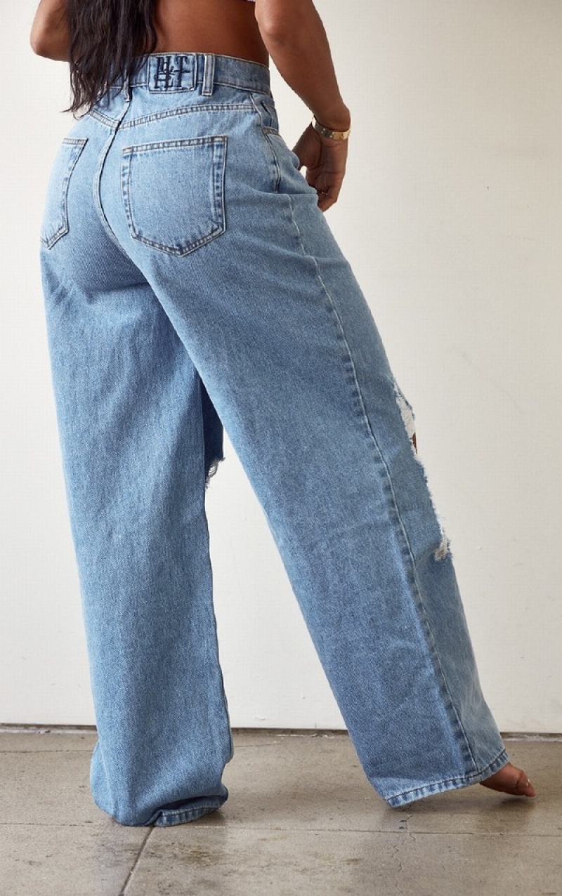 Light Blue / Wash Pretty Little Thing Shape High Waist Ripped Wide Leg Jeans | JZDMFAS-73