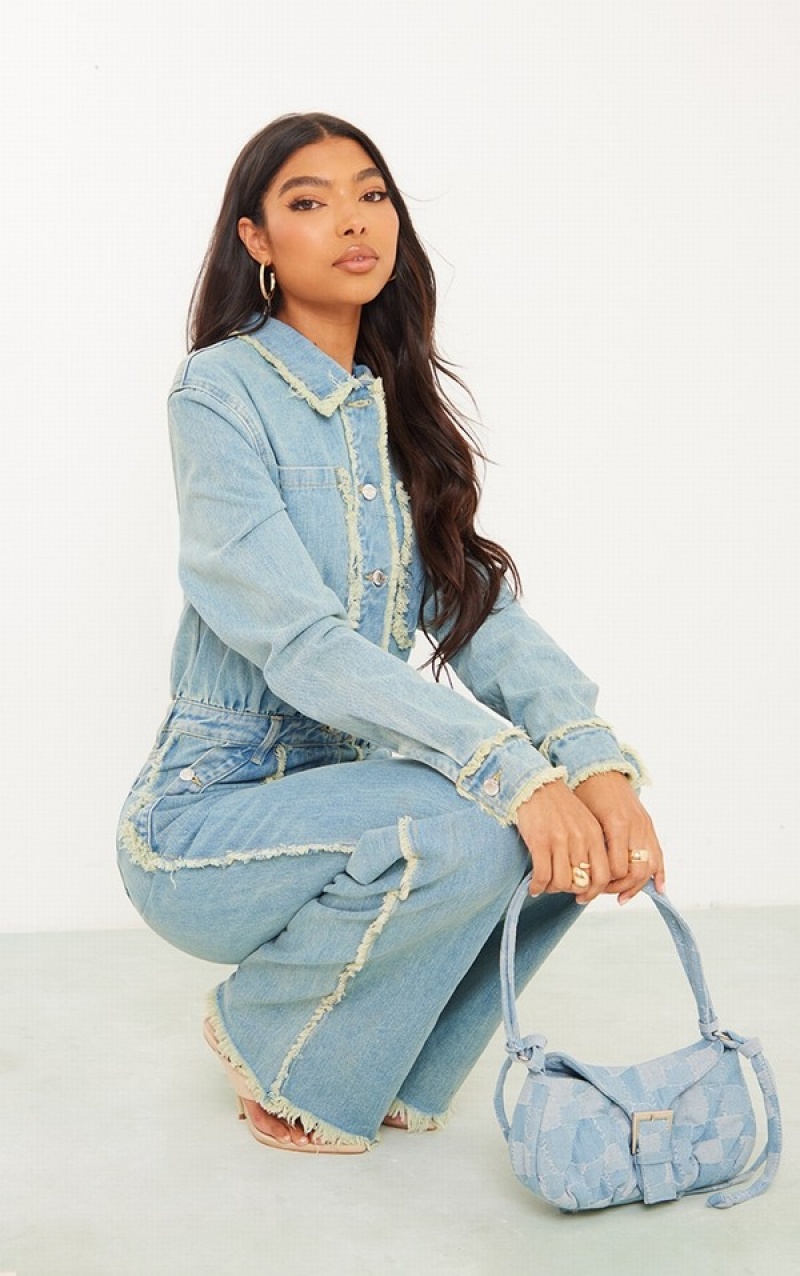 Light Blue / Wash Pretty Little Thing Tall Wash Distressed Seam Detail Wide Leg Jumpsuits | UMZVSKC-71