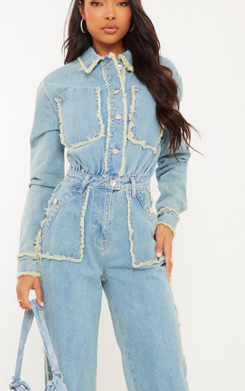 Light Blue / Wash Pretty Little Thing Tall Wash Distressed Seam Detail Wide Leg Jumpsuits | UMZVSKC-71