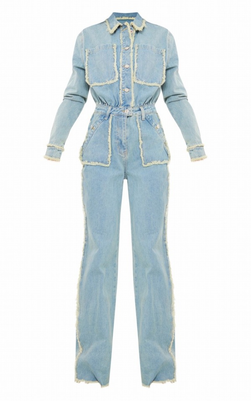 Light Blue / Wash Pretty Little Thing Tall Wash Distressed Seam Detail Wide Leg Jumpsuits | UMZVSKC-71