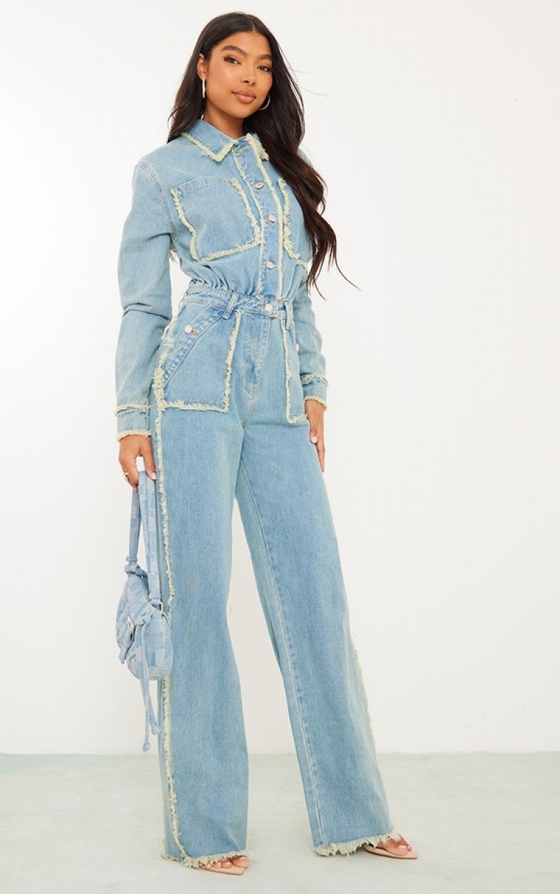 Light Blue / Wash Pretty Little Thing Tall Wash Distressed Seam Detail Wide Leg Jumpsuits | UMZVSKC-71