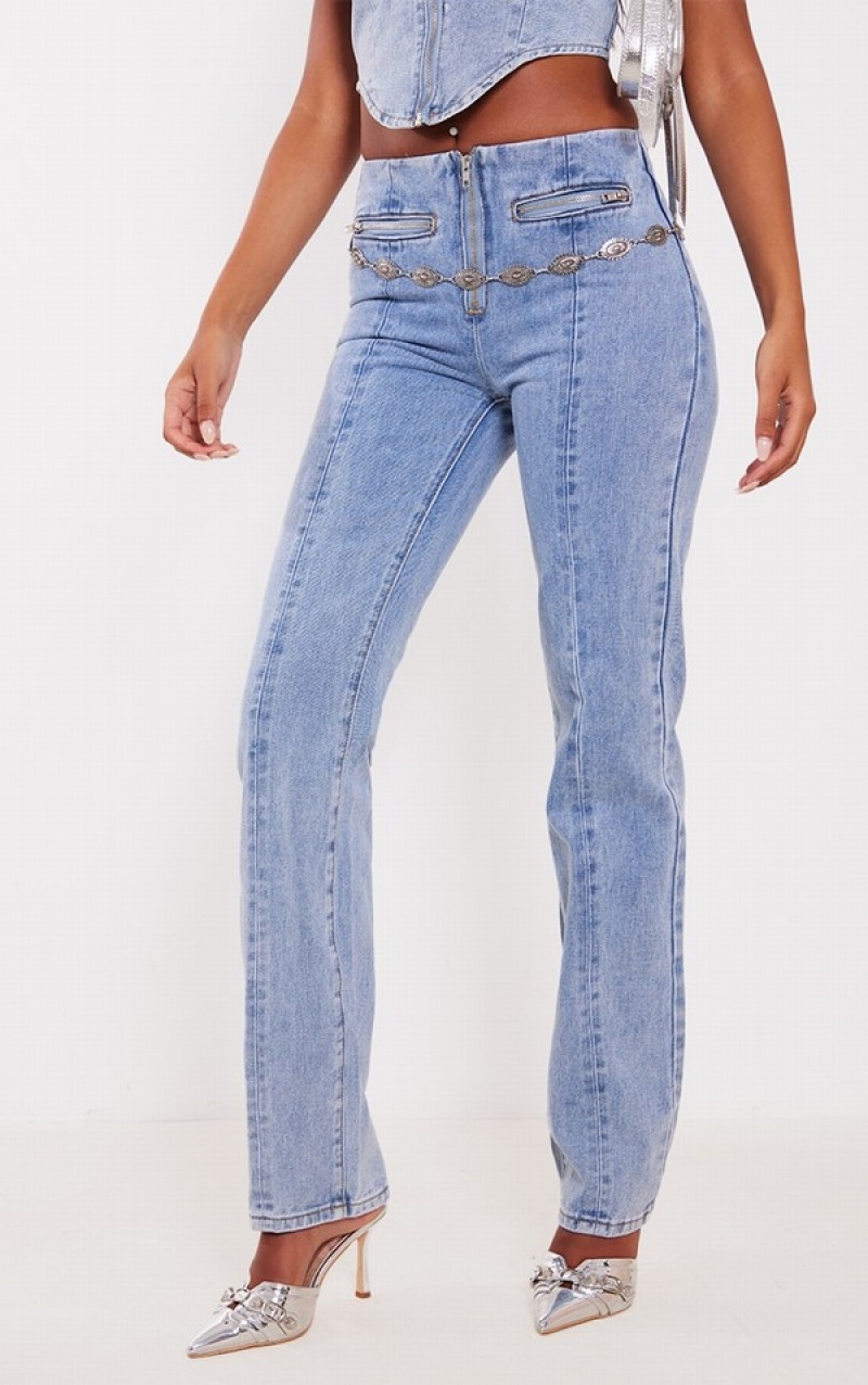 Light Blue / Wash Pretty Little Thing Tall Wash Zip Detail Straight Leg Jeans | IYBDUJS-08