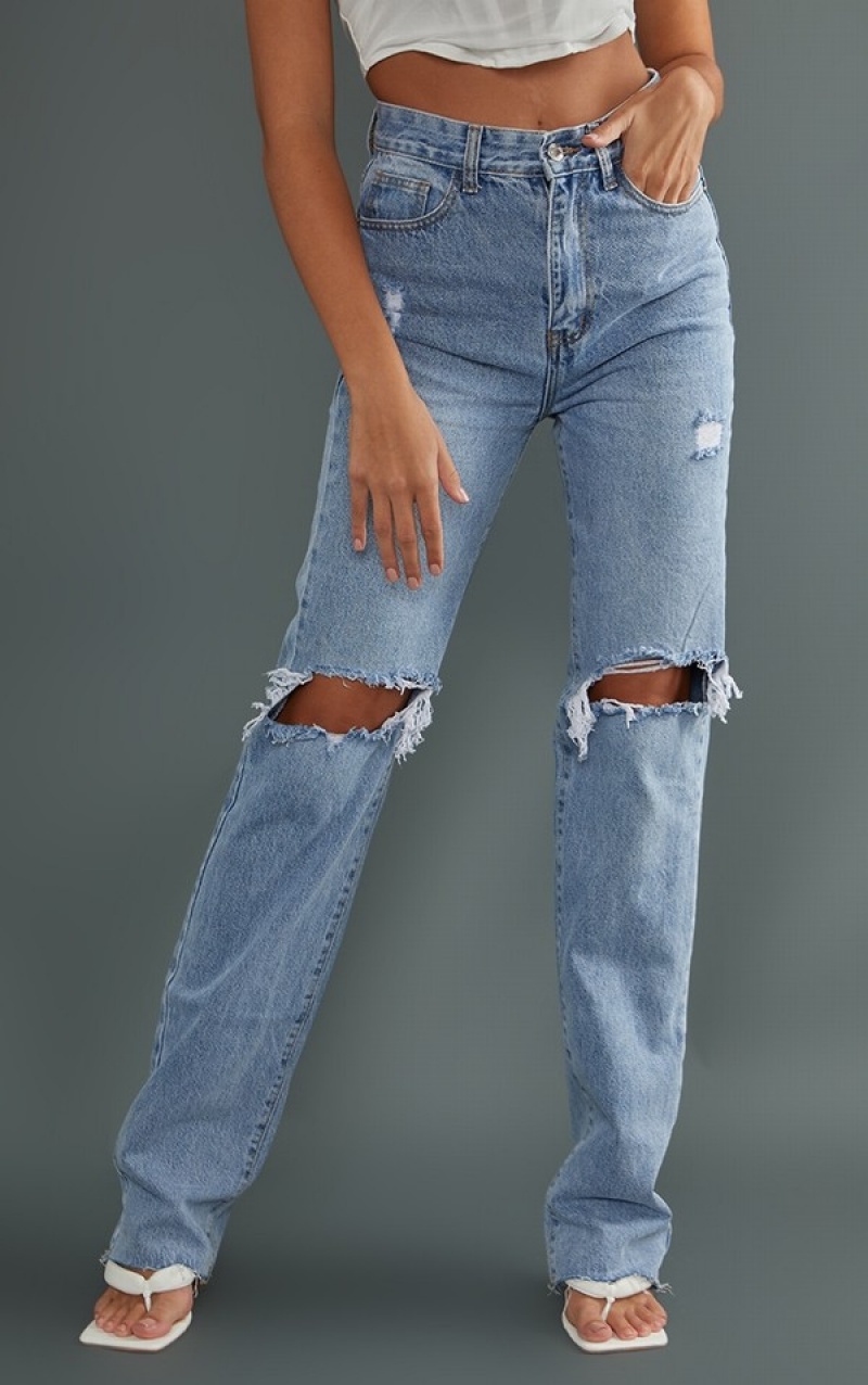 Light Blue / Wash Pretty Little Thing Tall Wash Extra Long Ripped Straight Leg Jeans | FTKUIZP-35