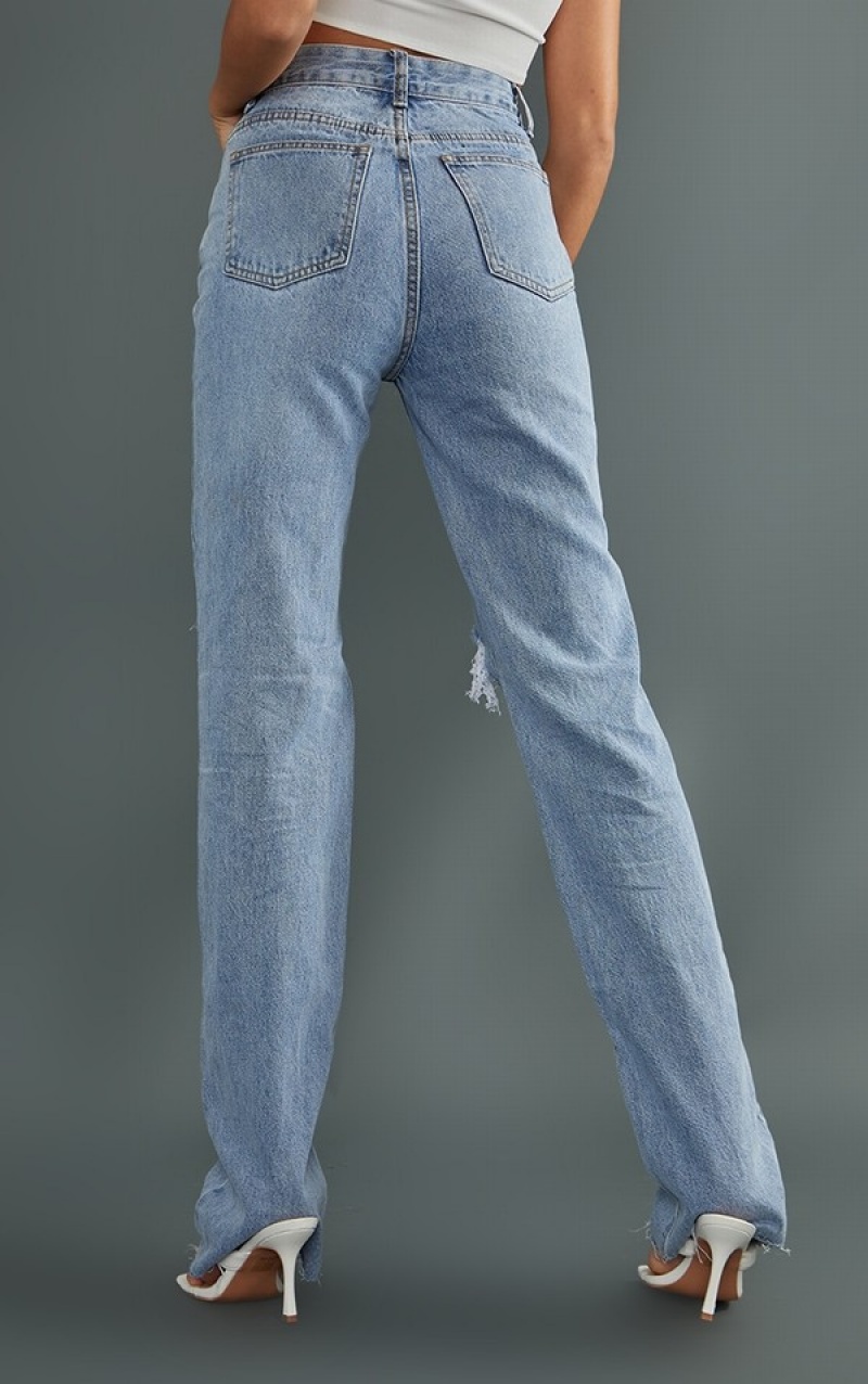 Light Blue / Wash Pretty Little Thing Tall Wash Extra Long Ripped Straight Leg Jeans | FTKUIZP-35