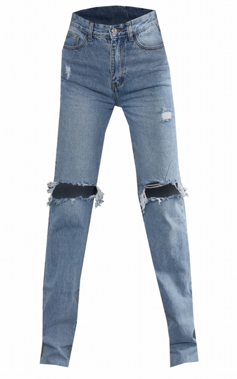 Light Blue / Wash Pretty Little Thing Tall Wash Extra Long Ripped Straight Leg Jeans | FTKUIZP-35