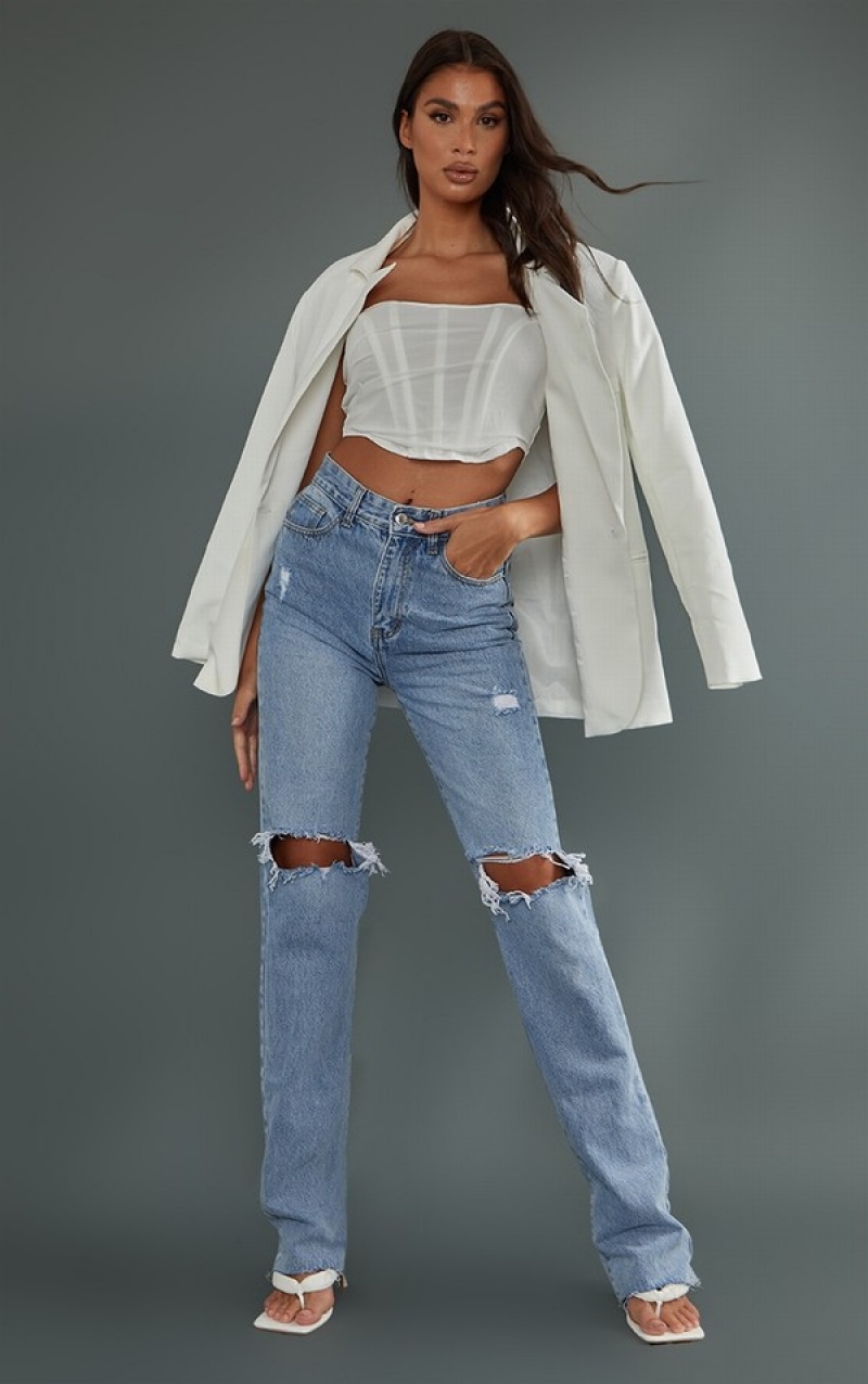 Light Blue / Wash Pretty Little Thing Tall Wash Extra Long Ripped Straight Leg Jeans | FTKUIZP-35