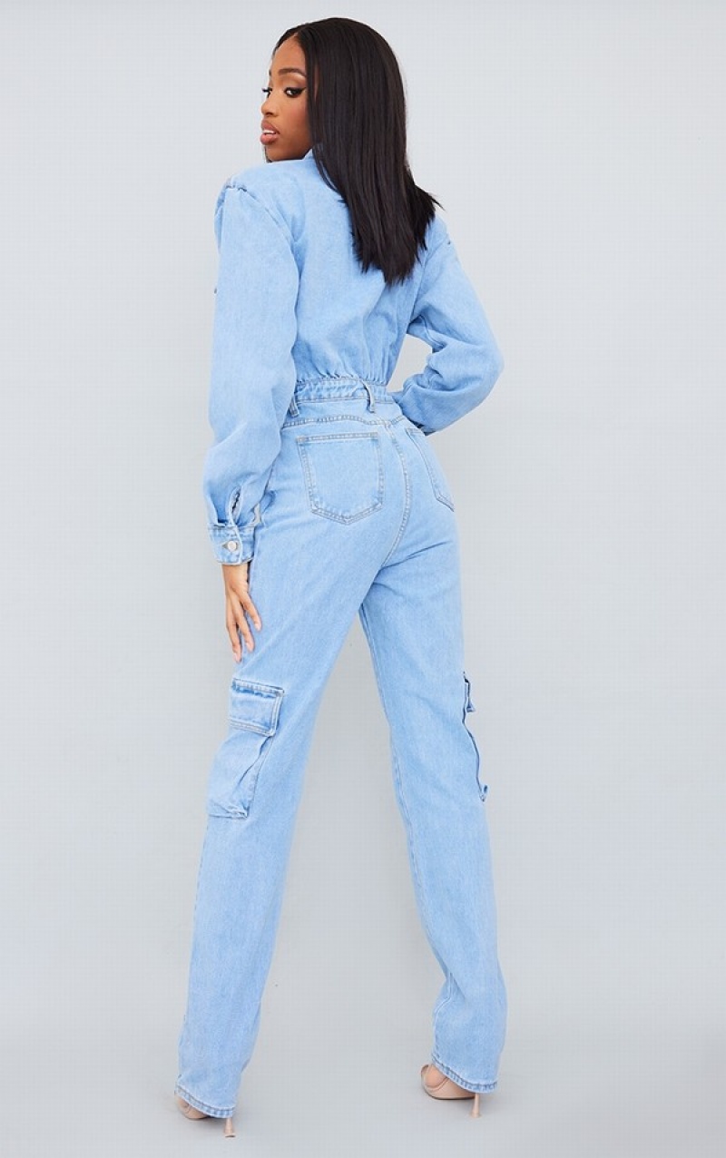 Light Blue / Wash Pretty Little Thing Tall Wash Cargo Pocket Shoulder Pad Jumpsuits | RIAXMFJ-56