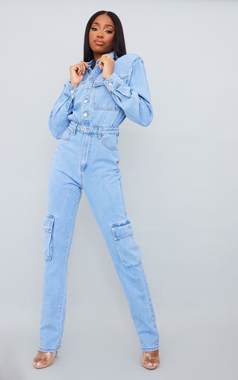 Light Blue / Wash Pretty Little Thing Tall Wash Cargo Pocket Shoulder Pad Jumpsuits | RIAXMFJ-56