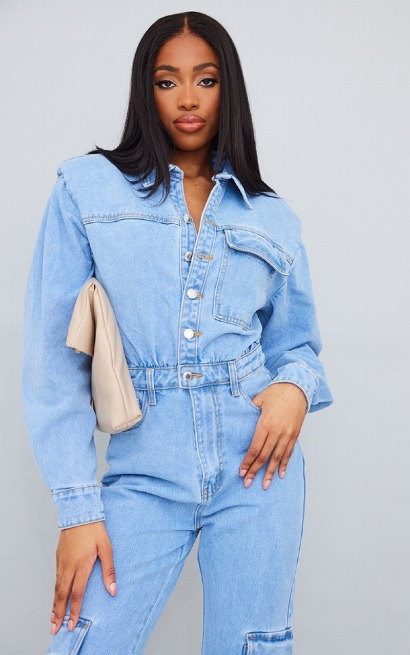 Light Blue / Wash Pretty Little Thing Tall Wash Cargo Pocket Shoulder Pad Jumpsuits | RIAXMFJ-56