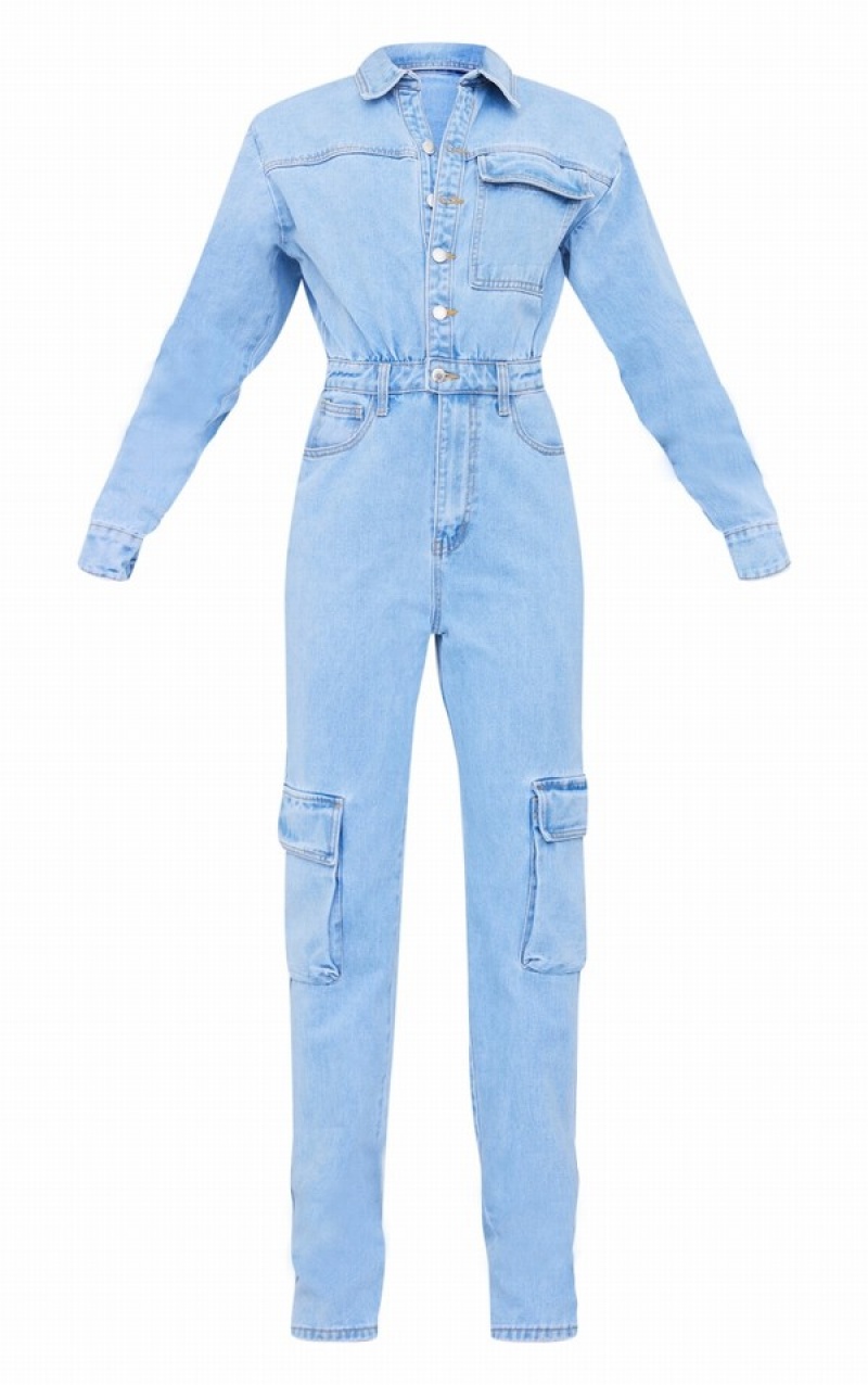 Light Blue / Wash Pretty Little Thing Tall Wash Cargo Pocket Shoulder Pad Jumpsuits | RIAXMFJ-56