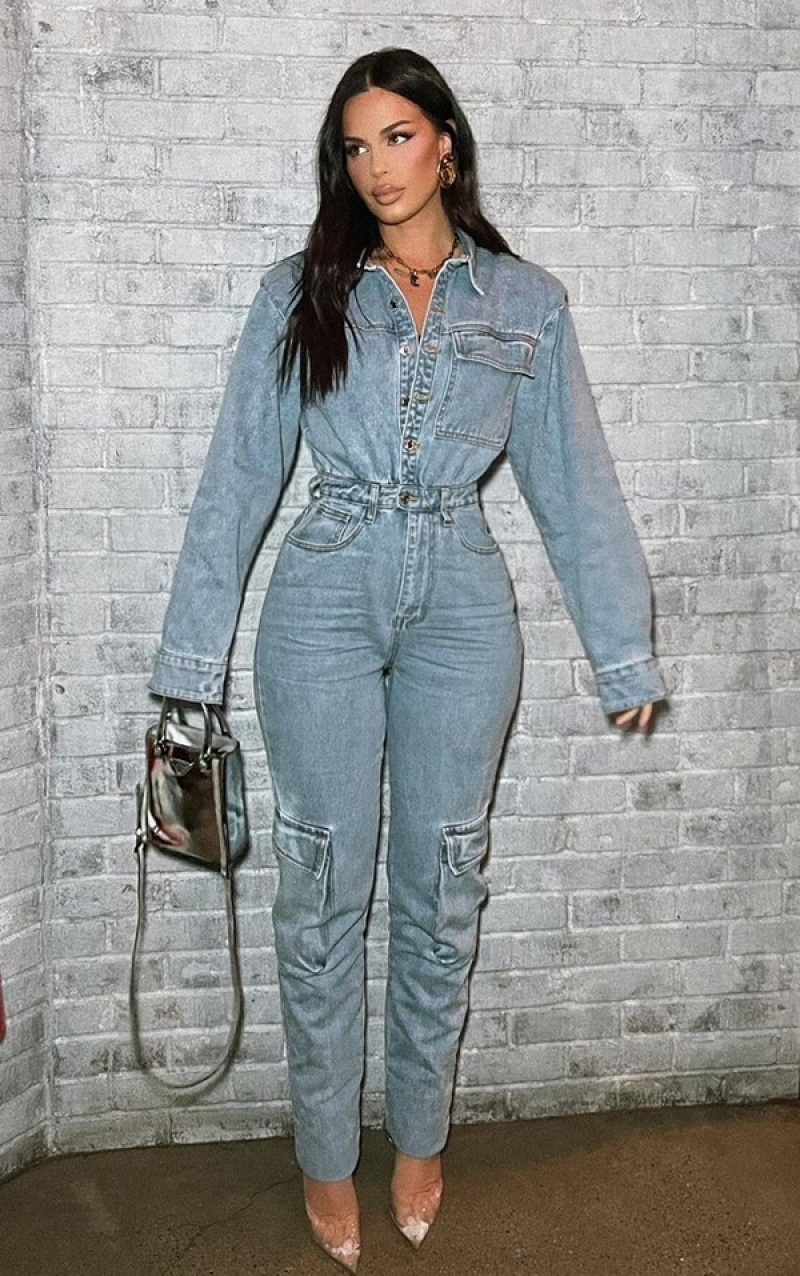 Light Blue / Wash Pretty Little Thing Tall Wash Cargo Pocket Shoulder Pad Jumpsuits | RIAXMFJ-56