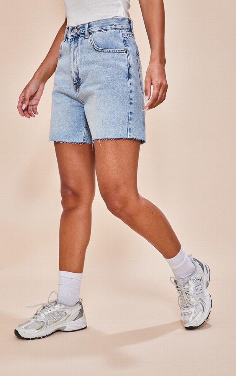 Light Blue / Wash Pretty Little Thing Wash Raw Hem Longline Mom Shorts | IWUGHSJ-76