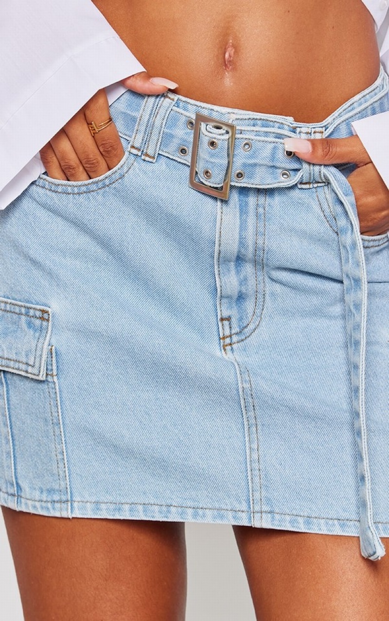 Light Blue / Wash Pretty Little Thing Wash ed Cargo Pocket Skirts | KGWCXTY-04